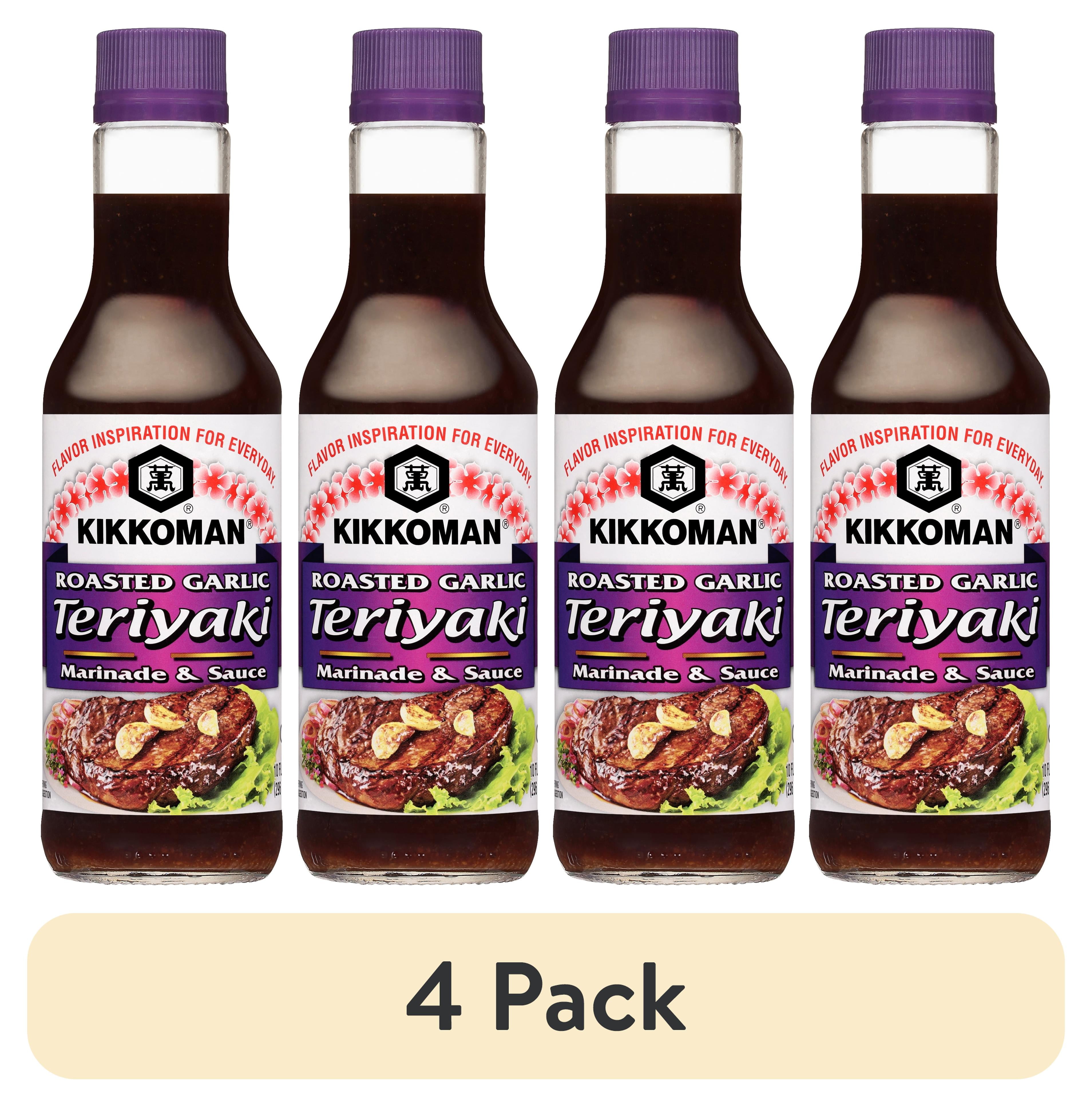 (4 pack) Kikkoman Roasted Garlic Teriyaki Marinade & Sauce, 10 fl oz, 1 Count, Shelf Stable, Glass Bottle