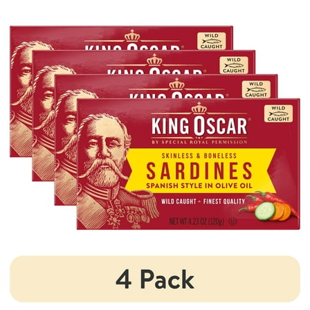 (4 pack) King Oscar Wild Caught Skinless & Boneless Sardines in Olive Oil, Spanish Style 4.23 oz