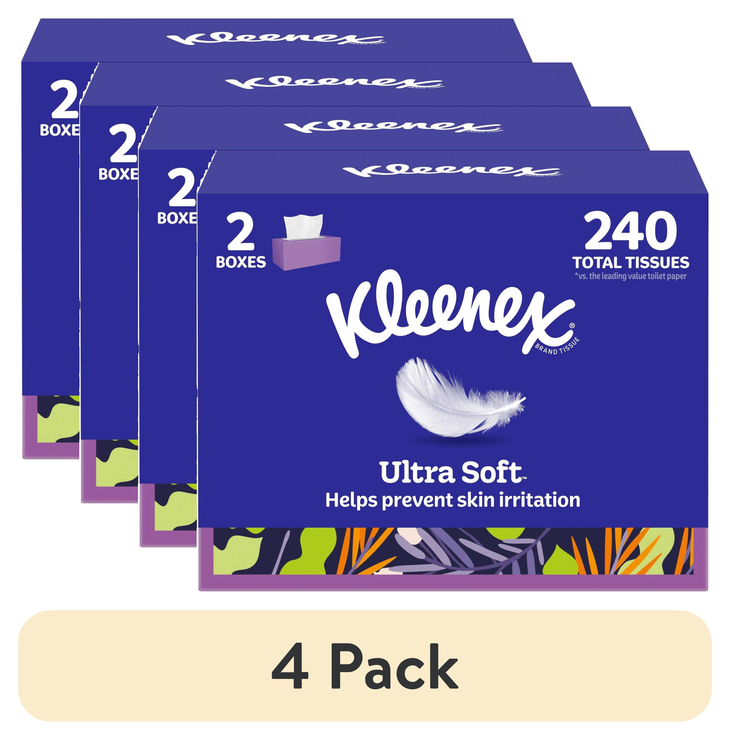 (4 pack) Kleenex Ultra Soft Facial Tissues, 2 Flat Boxes, 120 Tissues per Box, 3-Ply