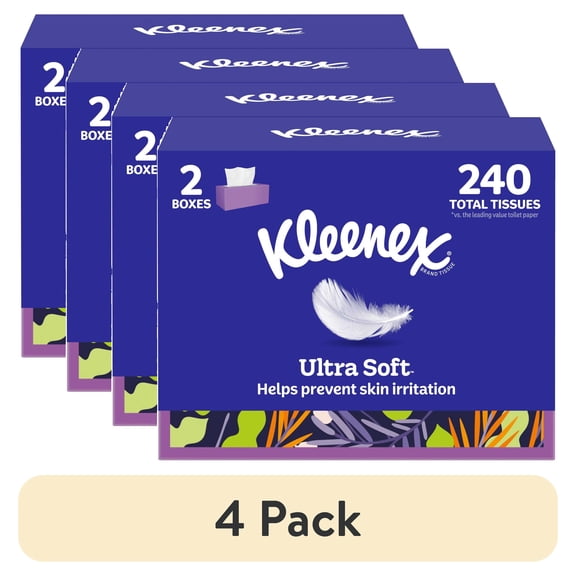 (4 pack) Kleenex Ultra Soft Facial Tissues, 2 Flat Boxes, 120 Tissues per Box, 3-Ply