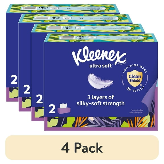 (4 pack) Kleenex Ultra Soft Facial Tissues, 2 Flat Boxes, 120 Tissues per Box, 3-Ply