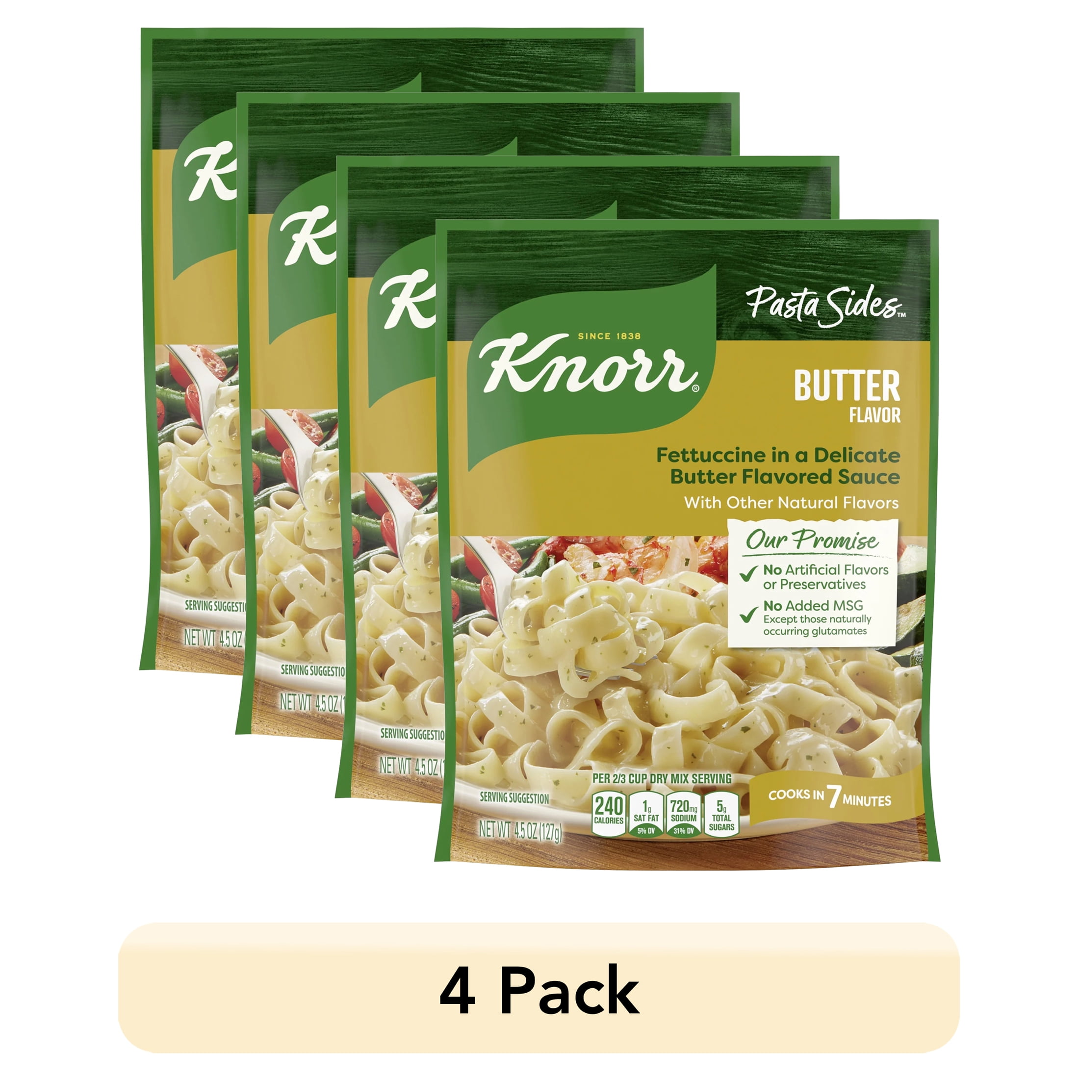 (4 pack) Knorr No Artificial Flavors Creamy Butter Fettuccine Pasta, 4.5 oz Regular Pouch