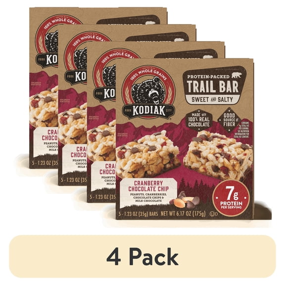 (4 pack) Kodiak Cranberry Chocolate Chip Protein Packed Trail Bars, 1.23 oz, 5 Count Cardboard Box