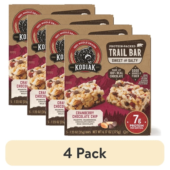 (4 pack) Kodiak Cranberry Chocolate Chip Protein Packed Trail Bars, 1.23 oz, 5 Count Cardboard Box