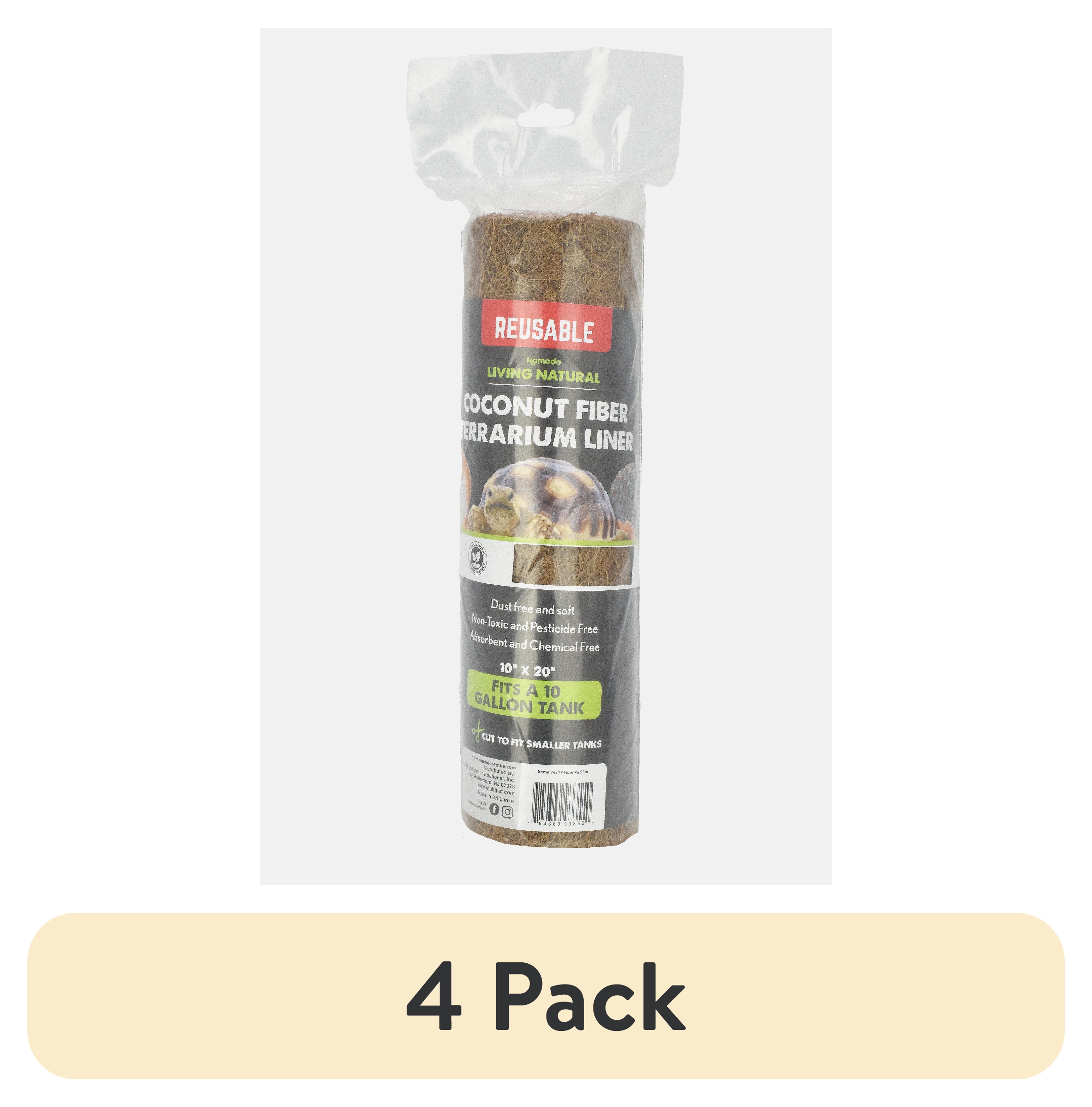(4 pack) Komodo Coconut Fiber Terrarium Liner, Reusable Natural Reptile Substrate, 10 x 20 in