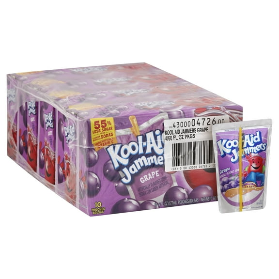(4 pack) Kool-Aid Jammers Grape Flavored Drink, 10 Ct Box, 6 fl oz Pouches, Liquids