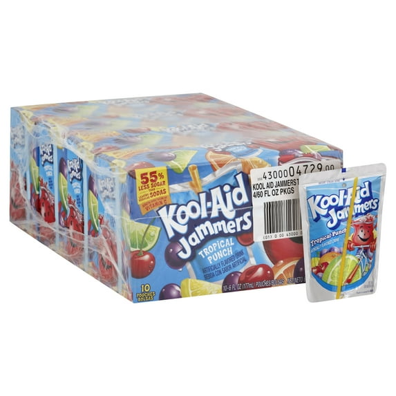 (4 pack) Kool-Aid Jammers Tropical Punch Flavored Drink, 10 Ct Box, 6 fl oz Pouches, Liquids