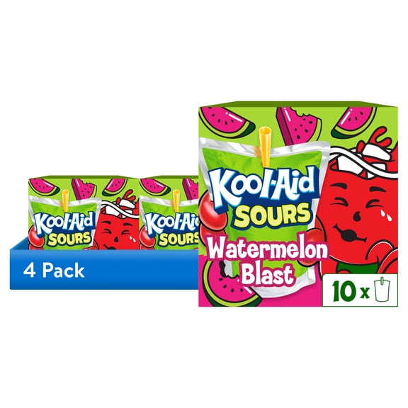 (4 pack) Kool-Aid Sours Natural Flavor with Other Natural Flavor Drink, 10 Pouches, for On-the-Go Hydration, Watermelon Blast, Sour Candy Flavor, No Artificial Dyes, 6 oz