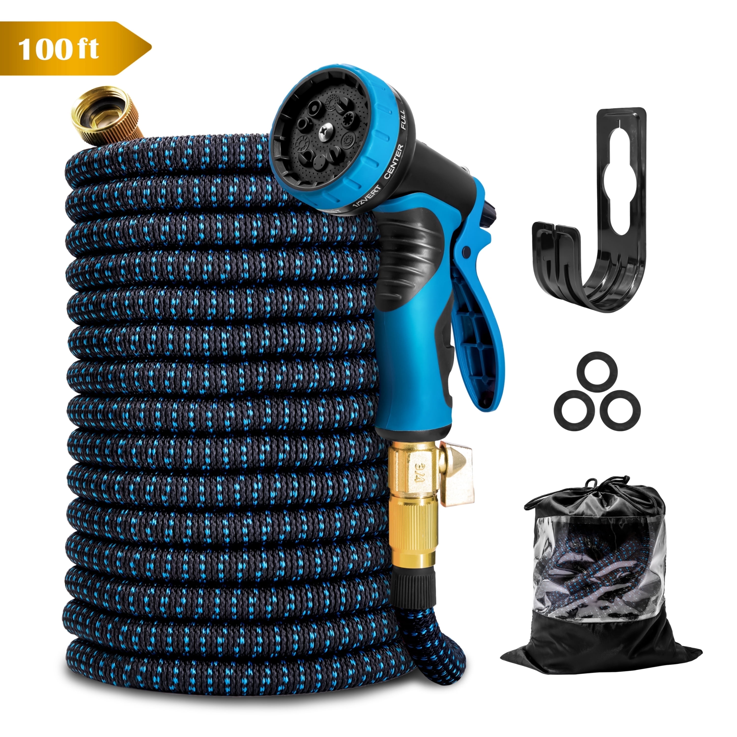 (4 pack) Kotto 100 ft Flexible Garden Hose, Water Hose for Outside with 10 Spray Nozzles, Brass Connector, Leak-Proof, Blue, Gifts for Dad