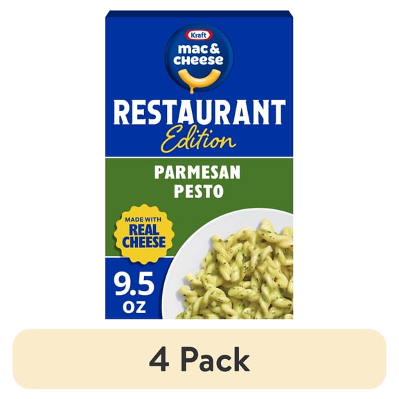 (4 pack) Kraft Mac and Cheese Restaurant Edition Macaroni and Cheese, 1 Box, for Easy Mealtime Solutions, Parmesan Pesto Flavored, Made with Real Cheese, No Artificial Flavors, Preservatives or Dyes, 9.5 oz
