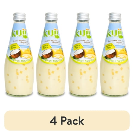 (4 pack) Kuii Drinks Coconut Milk with Nata de Coco, Banana, 290 mL Single Glass Bottle