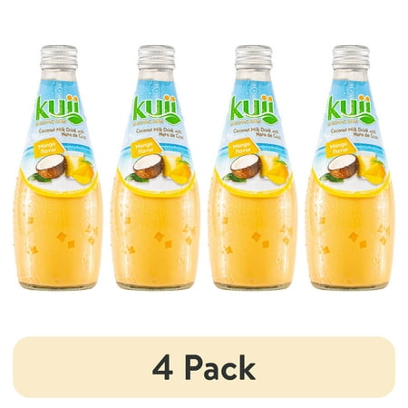 (4 pack) Kuii Drinks Coconut Milk with Nata de Coco, Mango, 290 mL Single Glass Bottle
