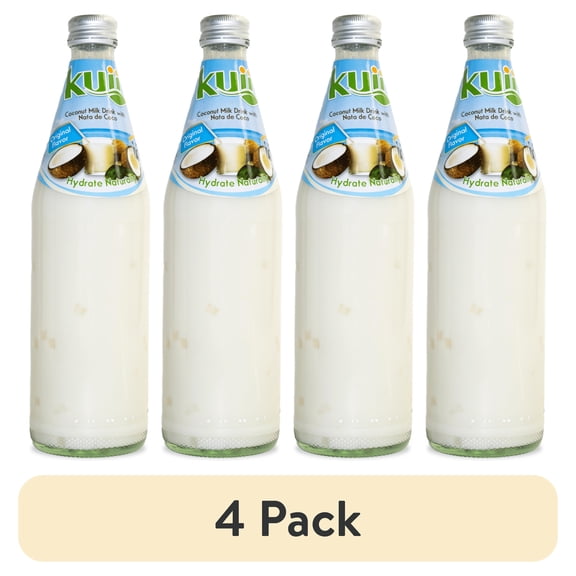 (4 pack) Kuii Drinks Coconut Milk with Nata de Coco, Original, 485 mL Single Glass Bottle