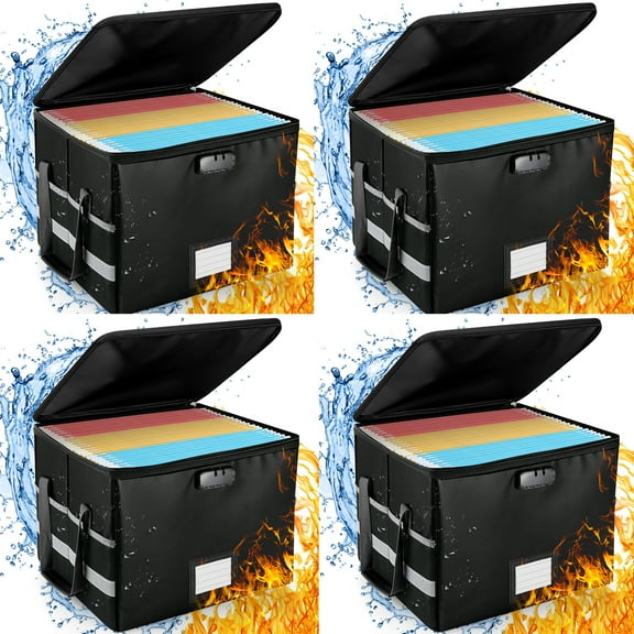 (4 pack) Kusmil File Box with Lock, Fireproof File Document Organizer for Home Office Hanging Letter/Legal Folder (Black)