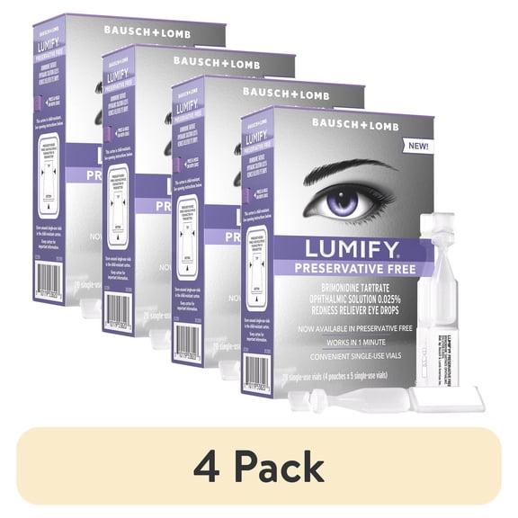 (4 pack) LUMIFY Preservative Free Redness Reliever Eye Drops, For Whiter and Brighter Looking Eyes, 20 Single Use Vials