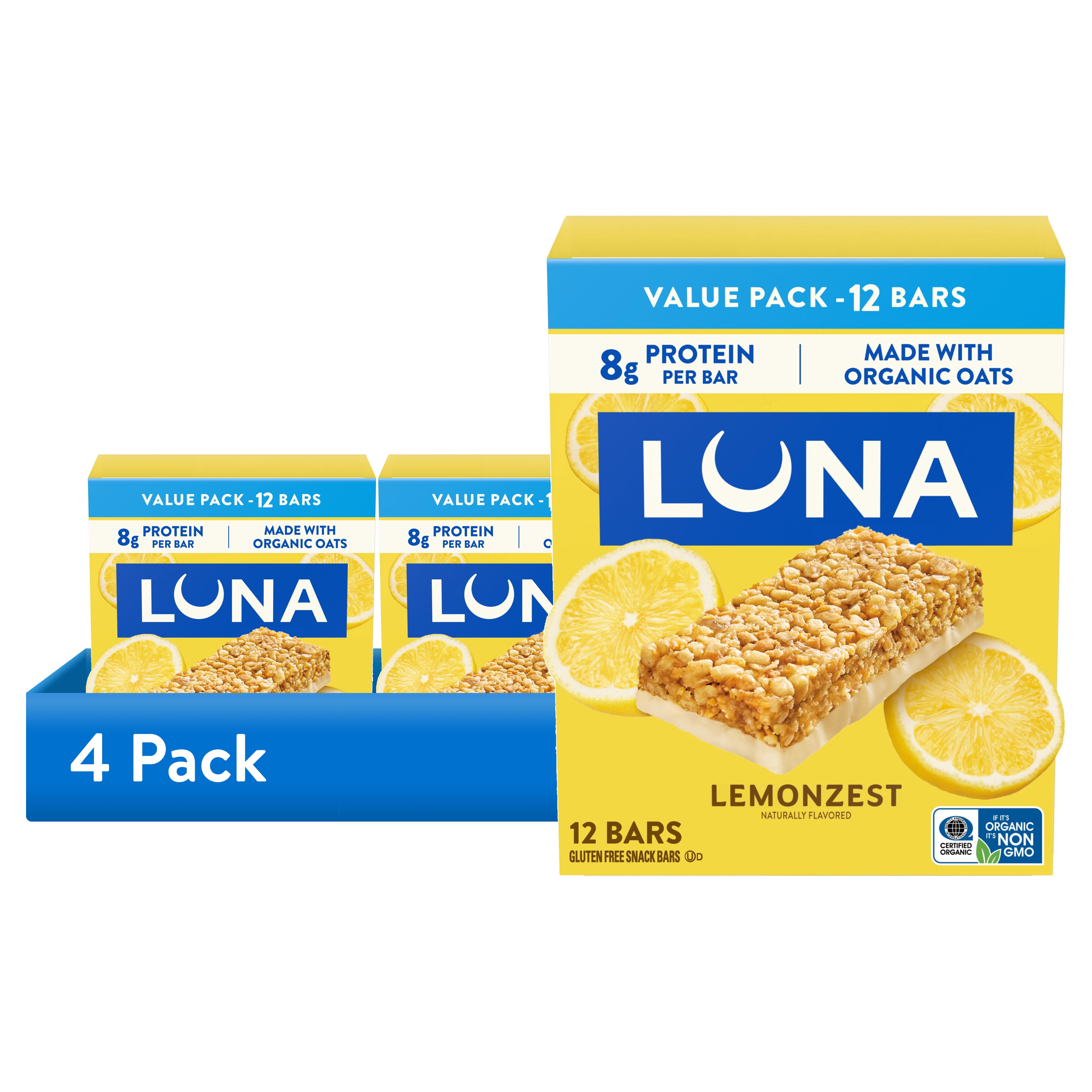 (4 pack) LUNA LemonZest Flavor Gluten Free Snack Bars, Protein Bars, Value Pack, Mother's Day Gift, 12 count