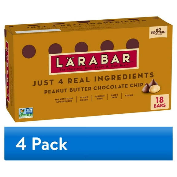 (4 pack) Larabar Peanut Butter Chocolate Chip Bars, Gluten Free and Vegan, 28.8 oz, 18 Ct