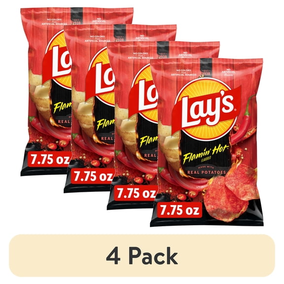 (4 pack) Lay's Potato Chips Flamin' Hot Flavored, 7.75 oz. Bag