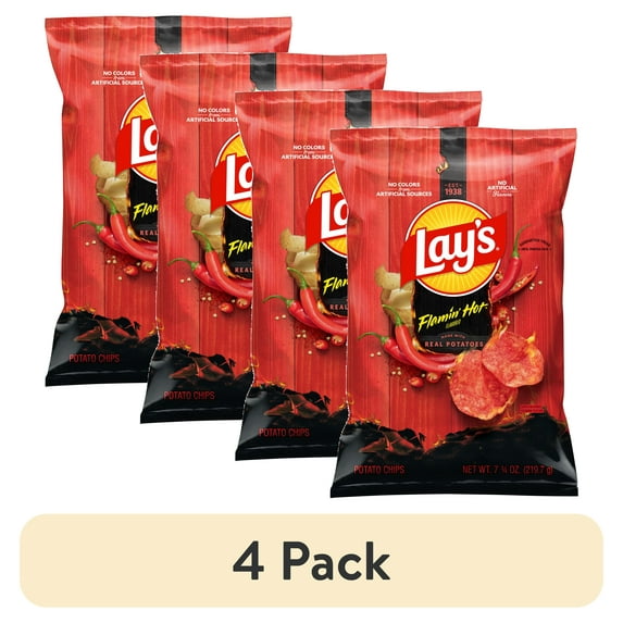 (4 pack) Lay's Potato Chips Flamin' Hot Flavored, 7.75 oz. Bag
