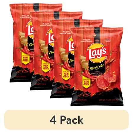 (4 pack) Lay's Potato Chips Flamin' Hot Flavored, 7.75 oz. Bag