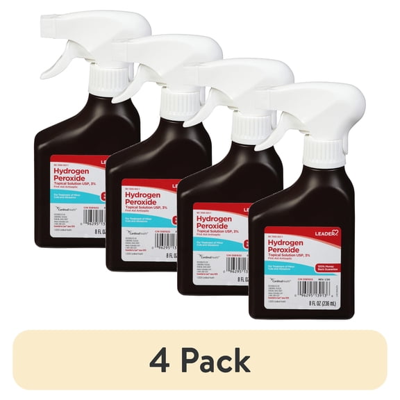 (4 pack) Leader Hydrogen Peroxide First Aid Antiseptic Topical Solution USP, 3% Spray Bottle 8 fl oz
