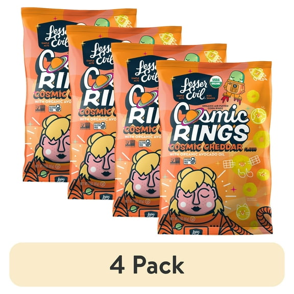(4 pack) LesserEvil, Cosmic Cheddar with Avocado Oil, Air-Puffed, Cosmic Rings, Snacks for Toddlers, 3 oz