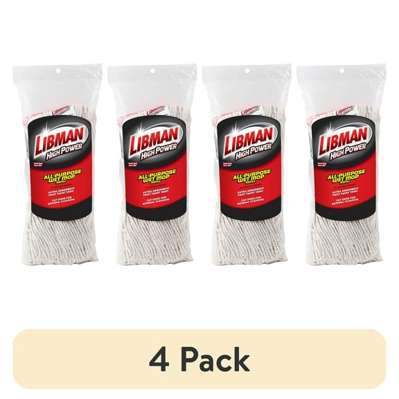 (4 pack) Libman Heavy Duty Cut-End Cotton & Polyester Wet Mop Refill with Clip Attachment