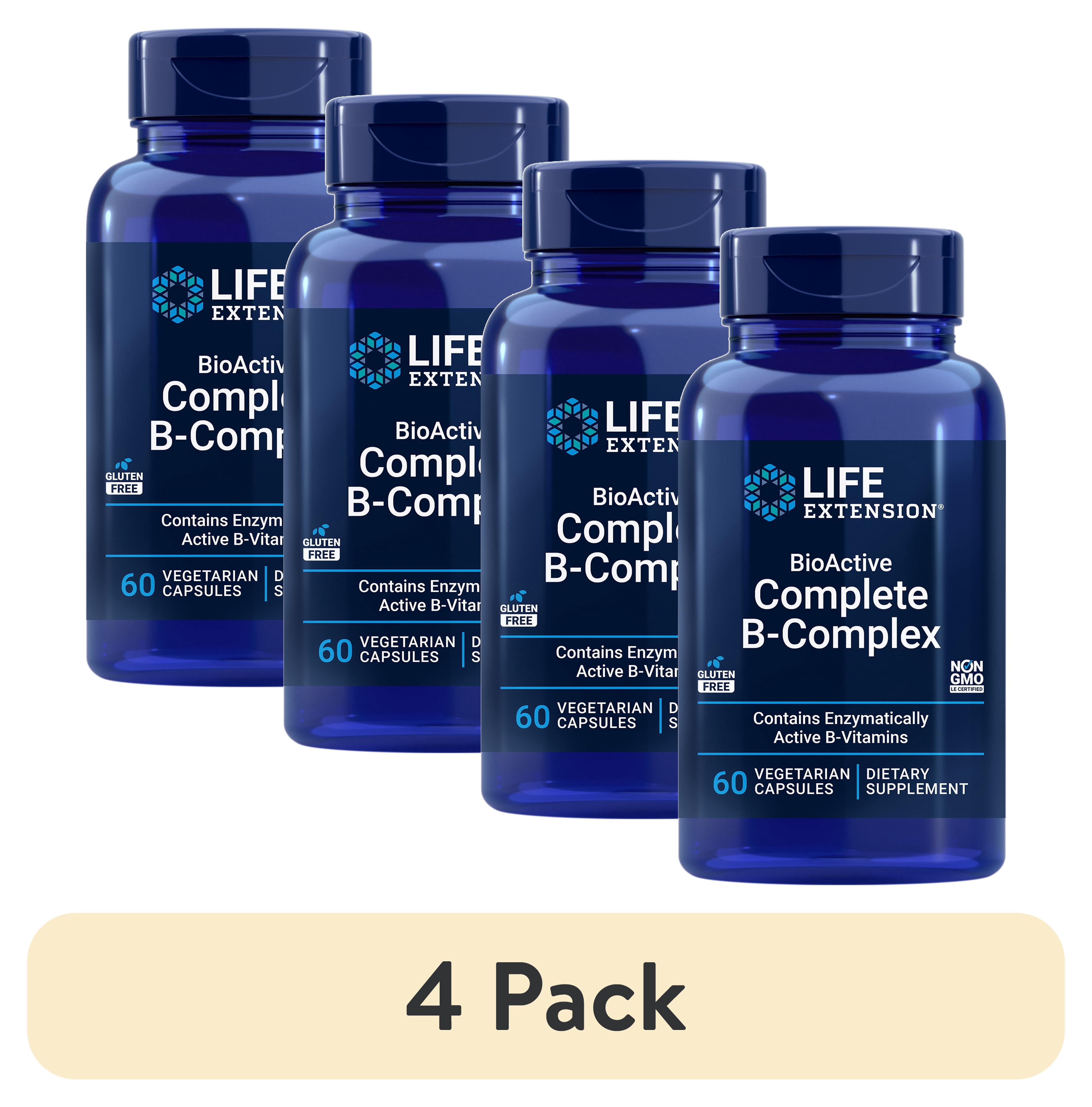 (4 pack) Life Extension Bioactive Complete B-complex, Heart, Brain And Nerve Support, Healthy Energy, Metabolism, Complete B Complex, 60 Vegetarian Capsules