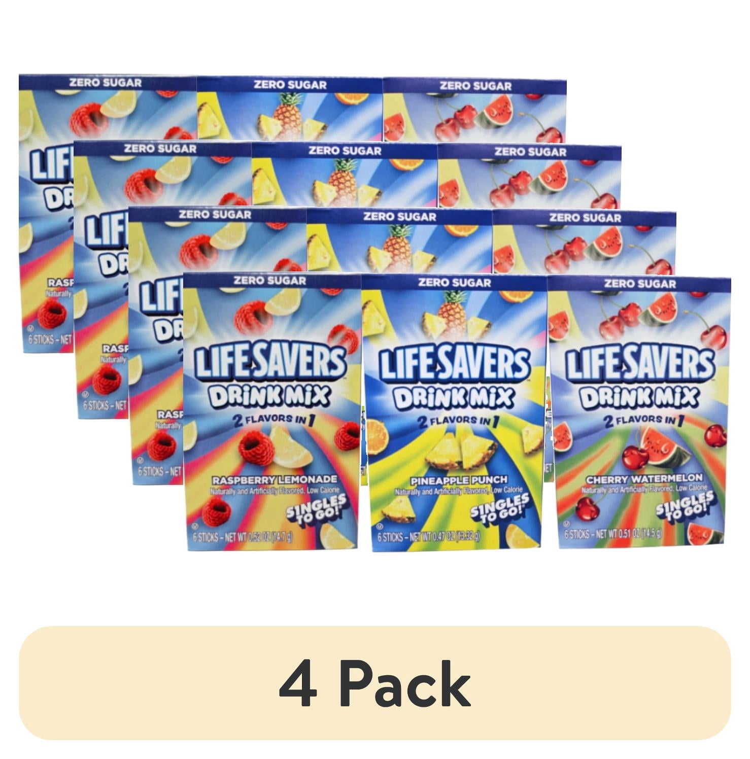 (4 pack) Life Savers Raspberry Lemonade, Pineapple Punch, and Cherry Watermelon Drink Mix Sticks Zero Sugar