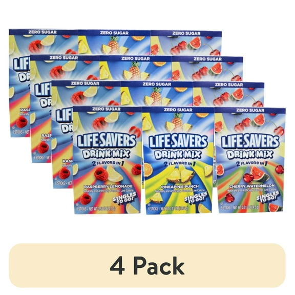 (4 pack) Life Savers Raspberry Lemonade, Pineapple Punch, and Cherry Watermelon Drink Mix Sticks Zero Sugar