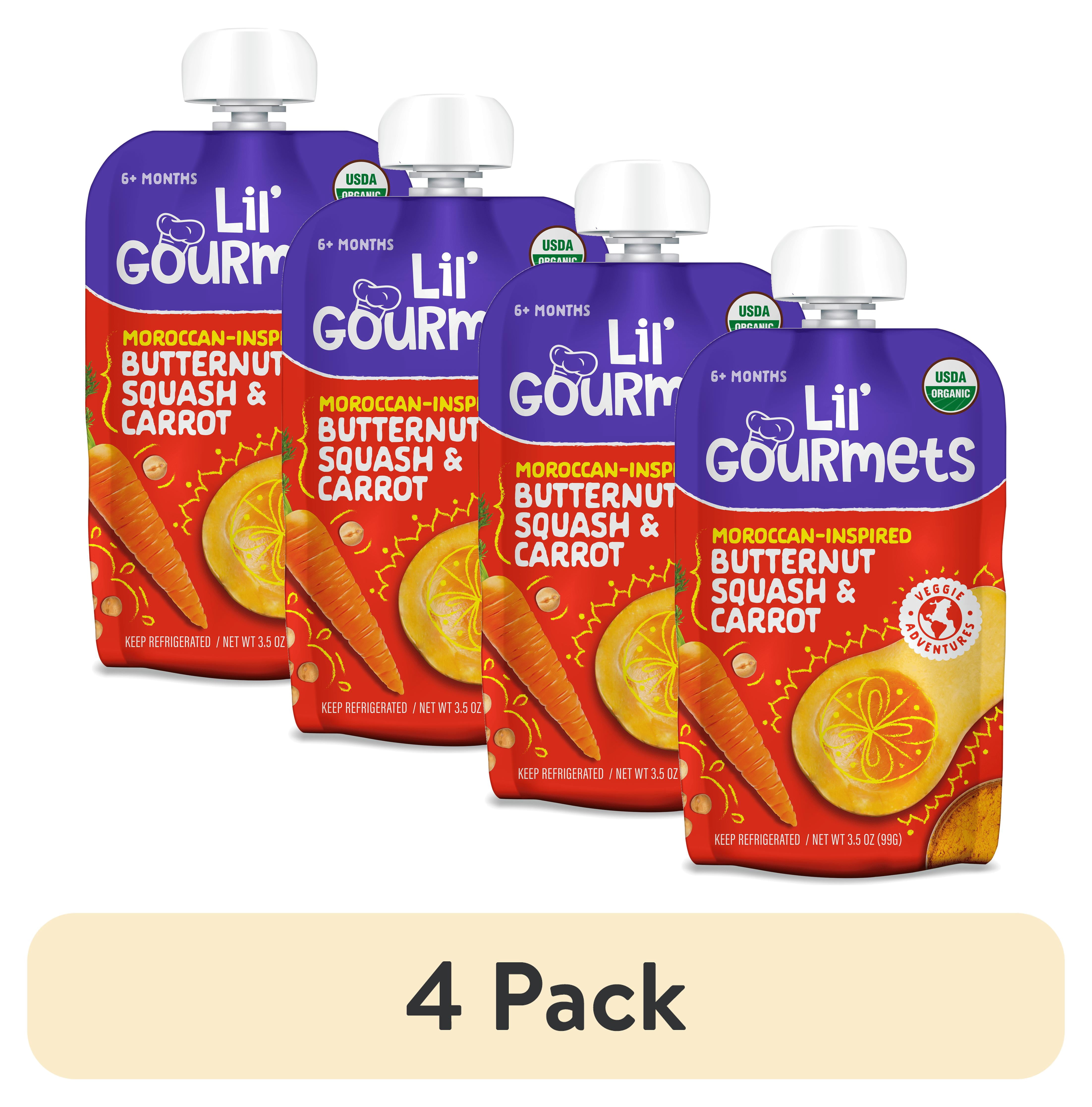 (4 pack) Lil’ Gourmets Refrigerated Stage 2 Baby Food, Moroccan-Inspired Butternut Squash & Carrot, 3.5 oz Pouch