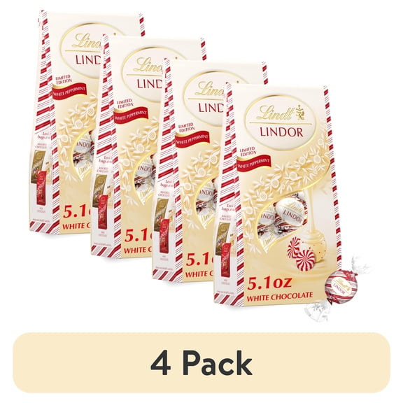 (4 pack) Lindt LINDOR White Chocolate Peppermint Christmas Candy Truffles, 5.1 oz. Bag