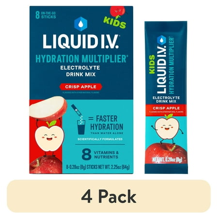 (4 pack) Liquid I.V.® Crisp Apple Hydration Multiplier® for Kids Powdered Electrolyte Drink Mix, 8 Count Packets