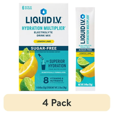 (4 pack) Liquid I.V.® Lemon Lime Sugar-Free Hydration Multiplier® Powdered Electrolyte Drink Mix, 6 Ct