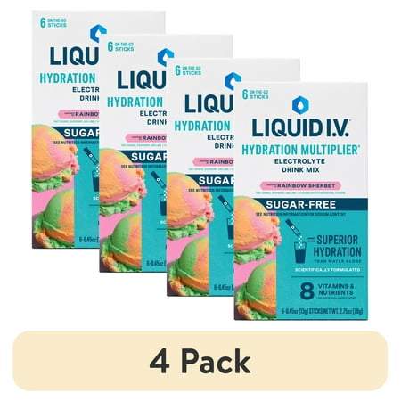 (4 pack) Liquid I.V.® Rainbow Sherbet Sugar-Free Hydration Multiplier® Powdered Electrolyte Drink Mix, 6 Ct Packets