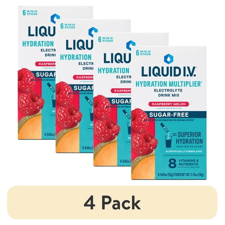 (4 pack) Liquid I.V.® Raspberry Melon Hydration Multiplier® Sugar-Free Powdered Electrolyte Drink Mix, 6 Count Packets