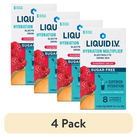 (4 pack) Liquid I.V. Raspberry Melon Hydration Multiplier Sugar-Free Powdered Electrolyte Drink Mix, 6 Count Packets