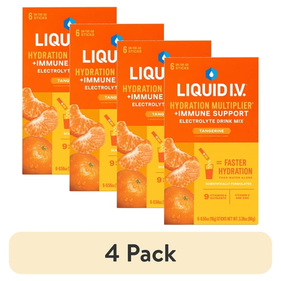 (4 pack) Liquid I.V. Tangerine Hydration Multiplier +Immune Support Electrolyte Powder Drink Mix, 6 Count Packets