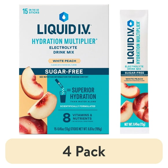 (4 pack) Liquid I.V.® White Peach Sugar-Free Hydration Multiplier® Powdered Electrolyte Drink Mix, 15 Ct Packets
