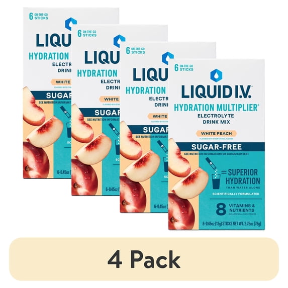 (4 pack) Liquid I.V.® White Peach Hydration Multiplier® Sugar-Free Electrolyte Powder Drink Mix, 6 Count Packets