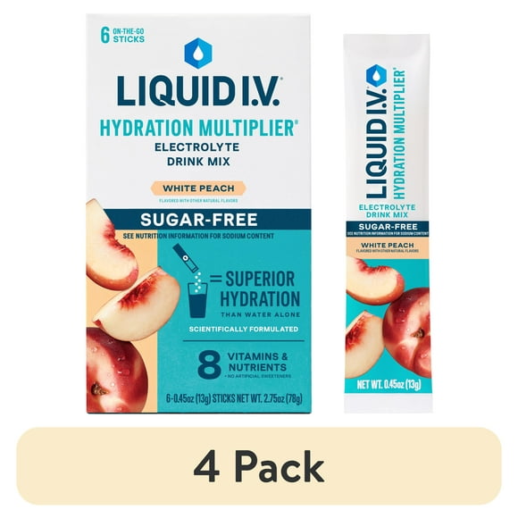 (4 pack) Liquid I.V. White Peach Sugar-Free Hydration Multiplier Powdered Electrolyte Drink Mix, 6 Count Packets