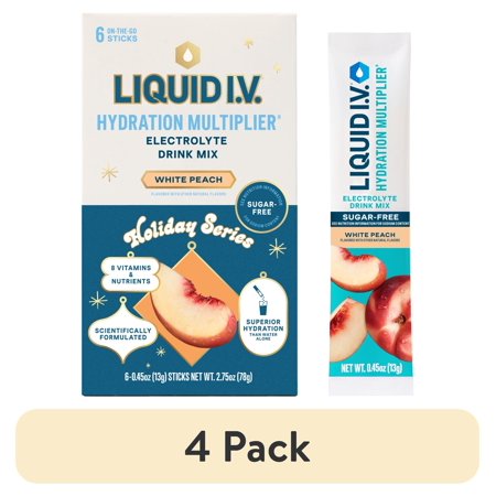 (4 pack) Liquid I.V.® White Peach Sugar-Free Hydration Multiplier® Powdered Electrolyte Drink Mix, 6 Count Packets