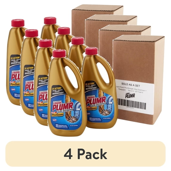(4 pack) Liquid-Plumr Pro-Strength Full Clog Destroyer Plus PipeGuard, 32 oz Bottles - 2 Pack