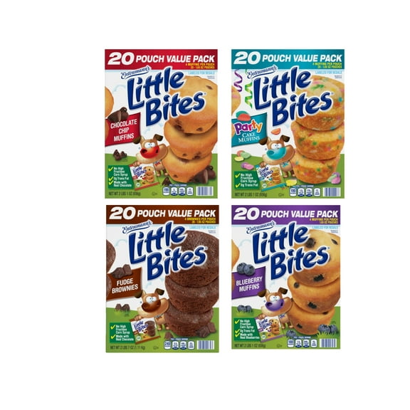 (4 pack) Little Bites Assorted Muffins, 80 individual packs, (20 ct each), Mini Muffins, 138 oz Variety Pack (20) Chocolate Chip, (20) Fudge, (20) Blueberry, (20) Party Cake