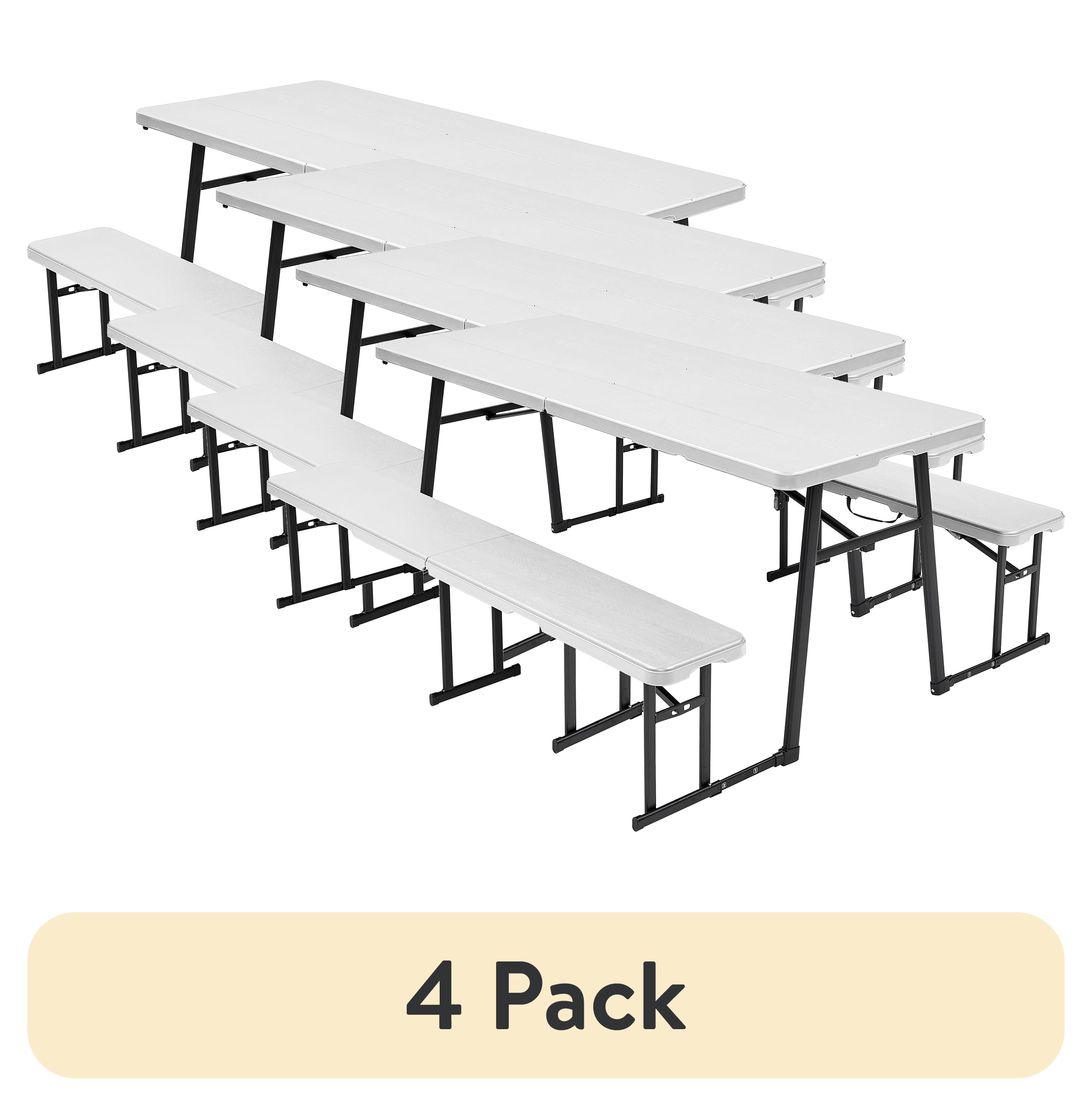 (4 pack) Living and More 3-Piece Picnic Table Set, 6 Foot Polyethylene Folding Table with 2 Folding Benches, Weather Resistant, Indoor Outdoor, White Wood Finish with Black Legs