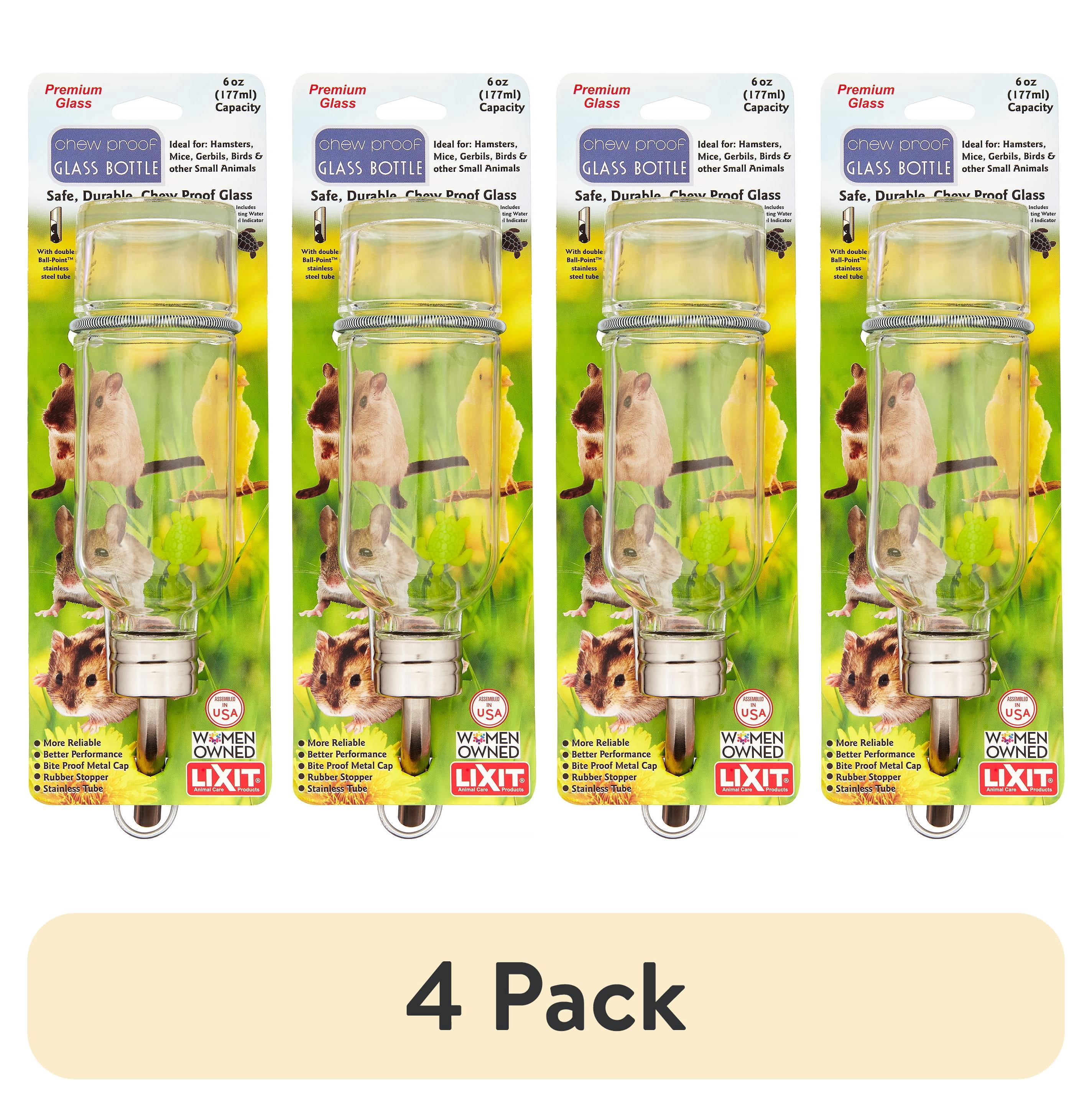 (4 pack) Lixit Glass Chew Proof Water Bottle for Birds & Small Animals, 6 oz