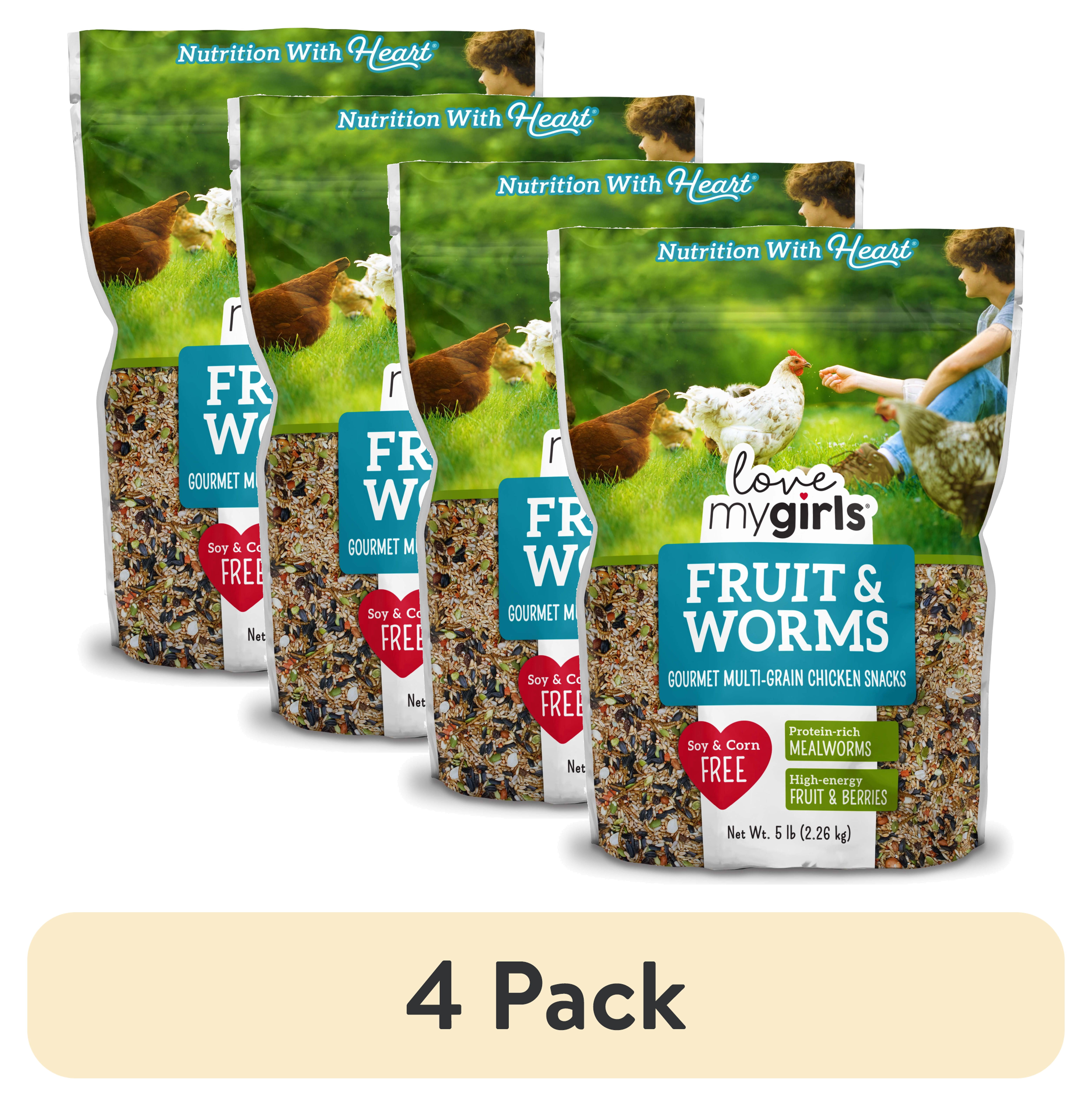 (4 pack) Love My Girls Fruit & Worms Gourmet Multi-Grain Chicken Treats, Granules, 5 lb. Bag