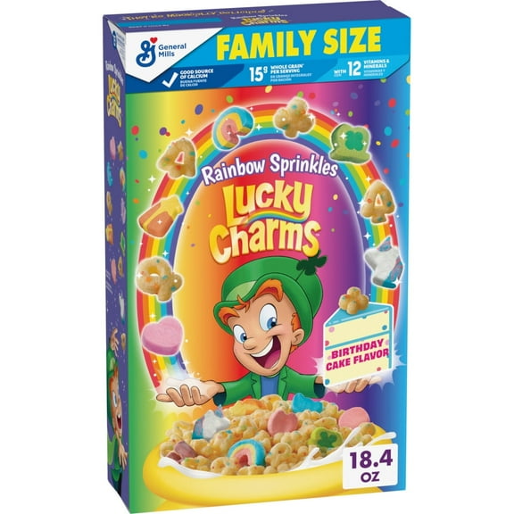 Lucky Charms Rainbow Sprinkles Cereal with Marshmallows, Family Size, 18.4 oz(4 pack)