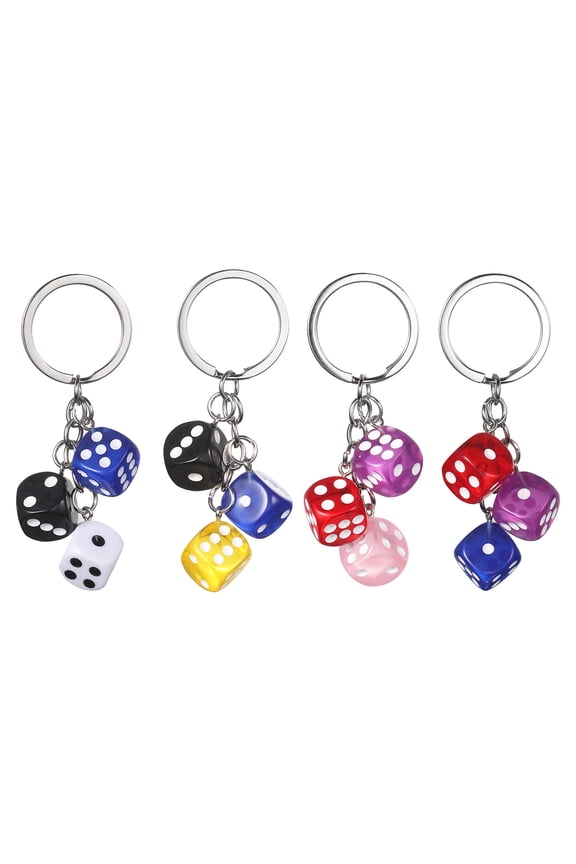 4 pack Lucky Dice Keychain Charm, Resin 3D Cube Square Mini Dice Keyrings with 3 Pendants for Bag, Wallet, Purse, Car, Cellphone Accessories, Mixed Colored