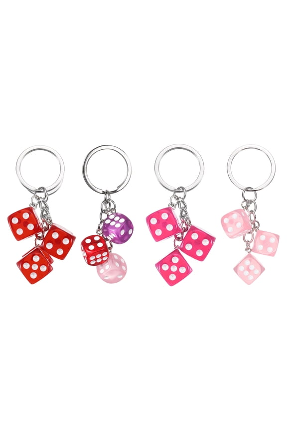 4 pack Lucky Dice Keychain Charm, Resin 3D Cube Square Mini Dice Keyrings with 3 Pendants for Bag, Wallet, Purse, Car, Cellphone Accessories, Pink, Purple, Red/Pink/Rose Red/Red